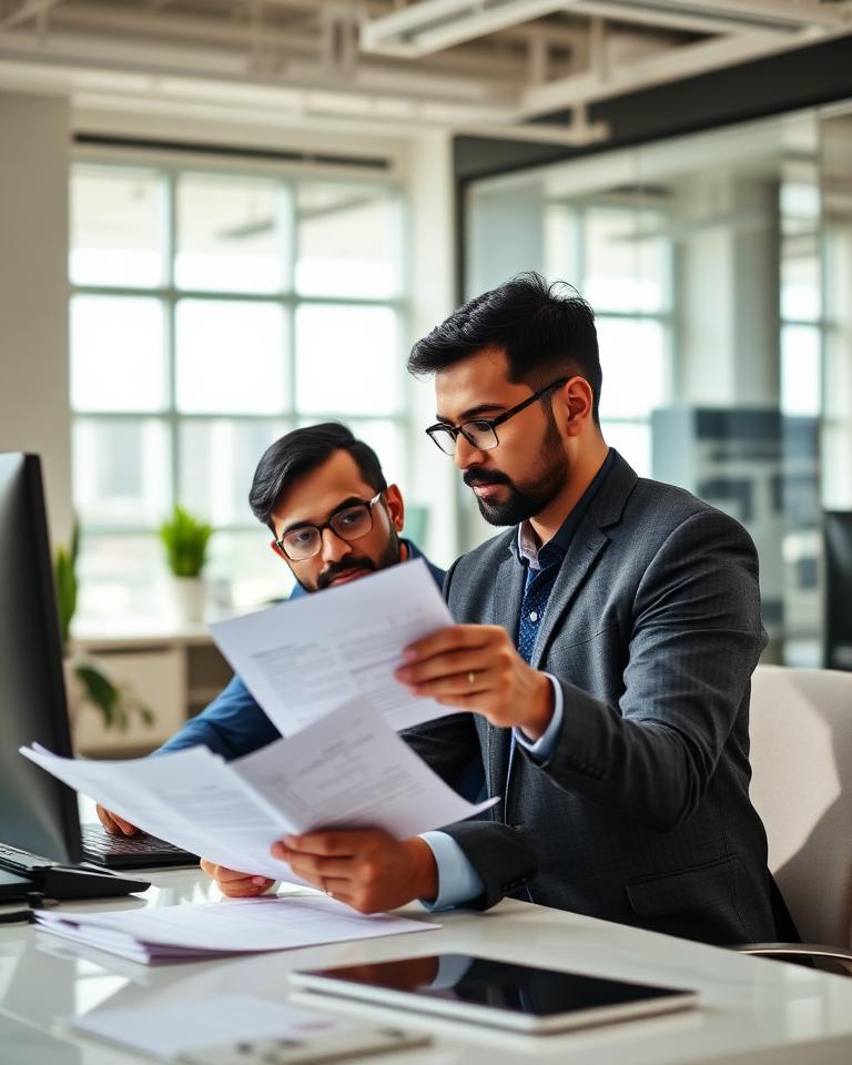 SwiftLedger colleagues reviewing tax documents together